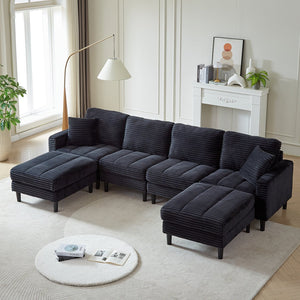 English Elm 122.5-Inch Oversized U-Shaped Modular Sofa Corduroy Sectional with Double Chaise, Ottoman, Pillows and Plastic Legs Black W1193S00121