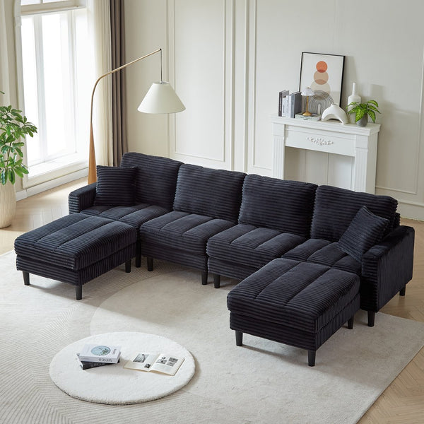 English Elm 122.5-Inch Oversized U-Shaped Modular Sofa Corduroy Sectional with Double Chaise, Ottoman, Pillows and Plastic Legs Black W1193S00121