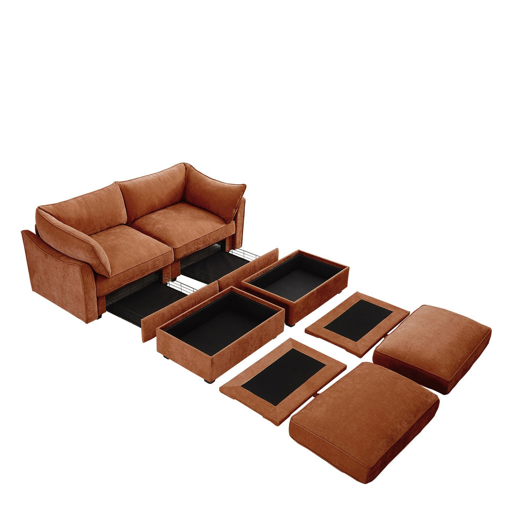 English Elm 2 Seater Sofa With Footrest, Movable Ottomans & Hidden Storage - Stylish Chenille For Small Spaces W3041S00204