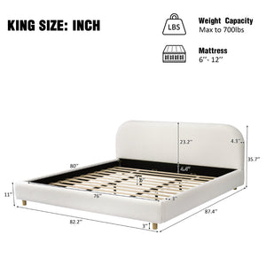 English Elm King Platform Bed Curved Boucle Upholstered Headboard Solid Rubberwood Legs Modern Bedroom N757P411870K