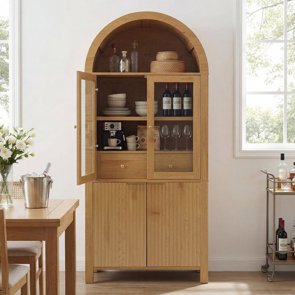 English Elm 71" Arched Glass Barn Door Pantry Cabinet Farmhouse Mdf Storage for Kitchen Dining Oak W2917S00015