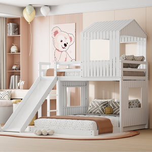 English Elm Wooden Twin Over Full Bunk Bed Farmhouse Playhouse Slide Pinewood Kids Loft White LT000328AAK