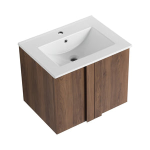 English Elm 24" Wall Mounted Bathroom Vanity Dark Oak Open Shelf Ceramic Sink Soft Close Door W3450P435834