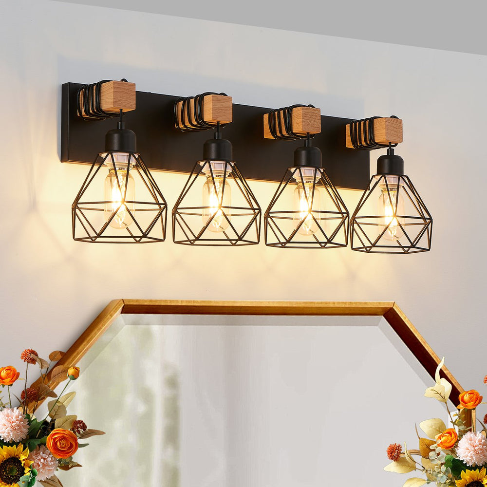 English Elm 24" Modern Geometric 4-Light Vanity Light Fixture With Black Metal & Wood Accents For Any Space W2312P374931