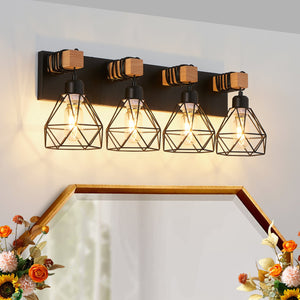 English Elm 24" Modern Geometric 4-Light Vanity Light Fixture With Black Metal & Wood Accents For Any Space W2312P374931