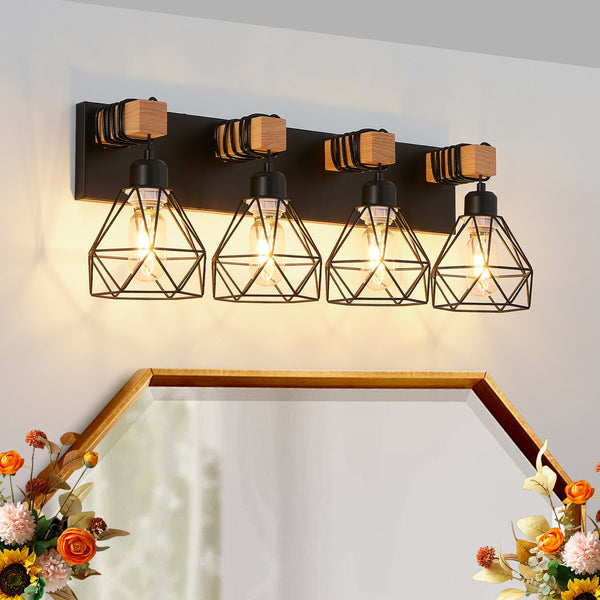English Elm 24" Modern Geometric 4-Light Vanity Light Fixture With Black Metal & Wood Accents For Any Space W2312P374931
