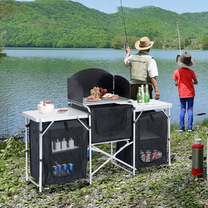 English Elm Outsunny Aluminum Portable Camping Kitchen Table With Windscreen & 3 Storage Cupboards For Outdoor Fun W2225P200713-GIGA