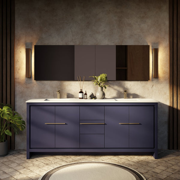 English Elm Navy Double Bath Vanity 80" W With White Quartz Top & 70" Mirror - Elegant Storage Solution! B2731S01504