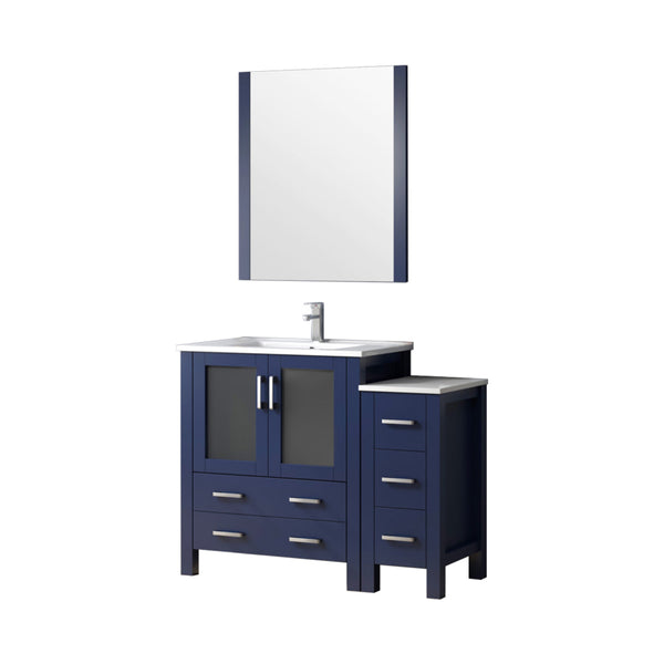 English Elm Navy Blue Bath Vanity Set With White Ceramic Top, Side Cabinet, Chrome Faucet & 28” Mirror Upgrade B2731S01365