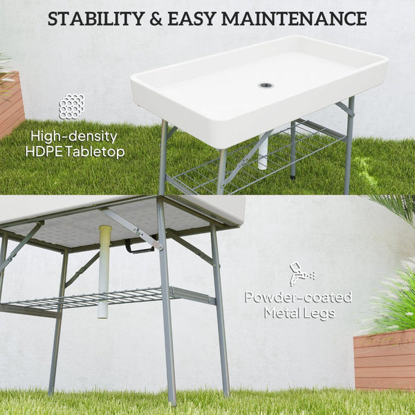 English Elm Outdoor Folding Drink Station Table with Built-in Ice Sink and Steel Frame White T3971P446146