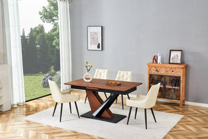 English Elm Modern Extendable Dining Table with Walnut MDF Veneer Top, Dual V-Shaped Metal Base, Sleek Durable Design Dark Walnut W3493S00007