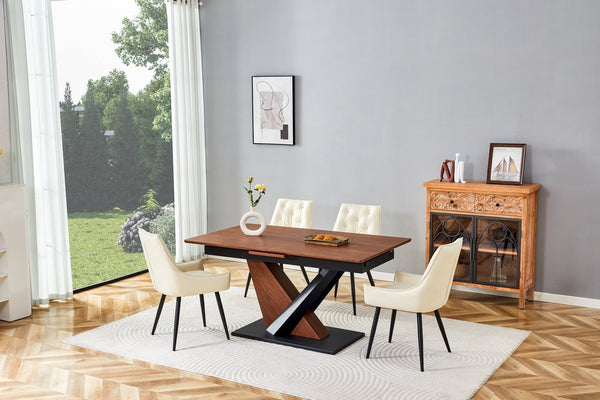 English Elm Modern Extendable Dining Table with Walnut MDF Veneer Top, Dual V-Shaped Metal Base, Sleek Durable Design Dark Walnut W3493S00007