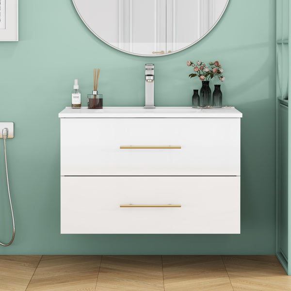 English Elm 30-Inch Sleek Wall-Mounted Bathroom Vanity With Integrated Sink, Double Drawers & Easy Installation W3151S00053