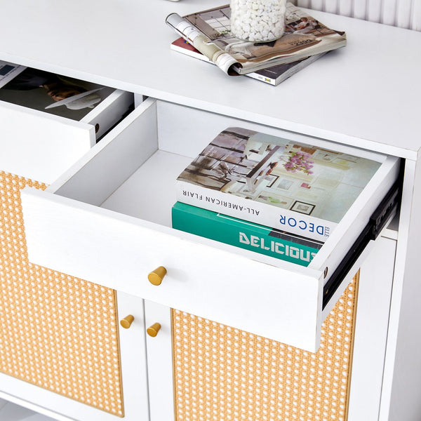 English Elm Modern white storage cabinet with vine rattan design, MDF shoe & bedside organizer, quick assembly, sleek decor W1151P151509