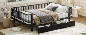 English Elm Queen Storage Platform Bed Low Profile Metal Frame with Built-in Drawers for Small Spaces Black W5305P471352