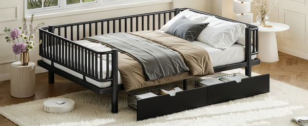 English Elm Queen Storage Platform Bed Low Profile Metal Frame with Built-in Drawers for Small Spaces Black W5305P471352