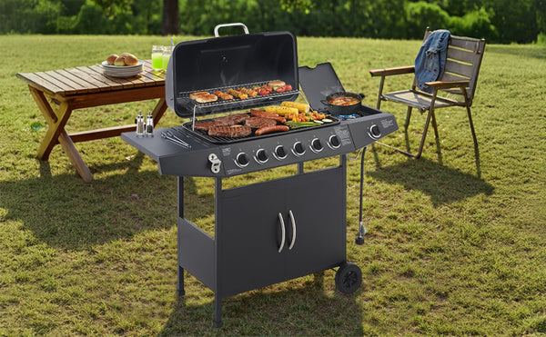 English Elm 6 Burner Propane Gas Grill with Cast Iron Grates Side and 59000 Btu Outdoor Power W1820P341741