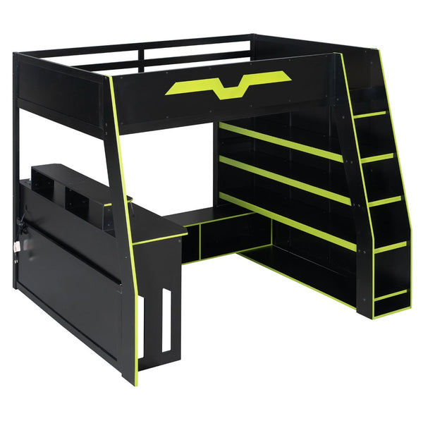 English Elm Full Size Wood Loft Bed with Rgb Lighting Desk and Multi-tier Shelves for Gaming Green LT000374AAG