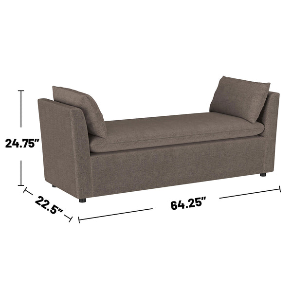 English Elm Upholstered Modern Accent Bench with Armrests and Bolster Pillows, Foam Seat, Black Tapered Legs Brown B016P383556