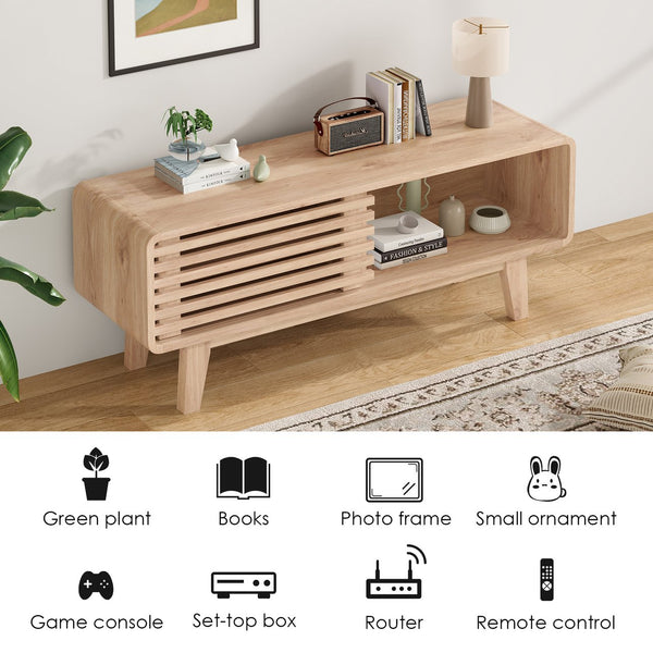 English Elm TV Stand Sleek Mid-Century Console with Sliding Door Storage and Open Shelves for Organized Living Room Natural T3623P379956