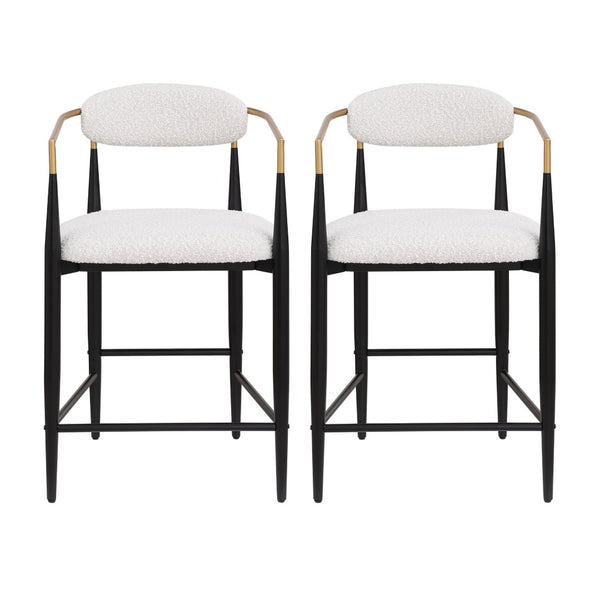 English Elm Counter Stools Set of Two Upholstered Matte Black Iron Frames with Gold Trim Modern N771P392273B