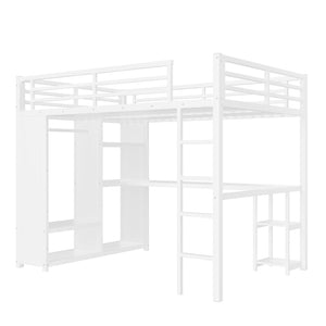 English Elm Queen Size Loft Bed Frame With Wardrobe, Desk & Storage Shelves - Modern Metal Design In White W1580S00123-GIGA