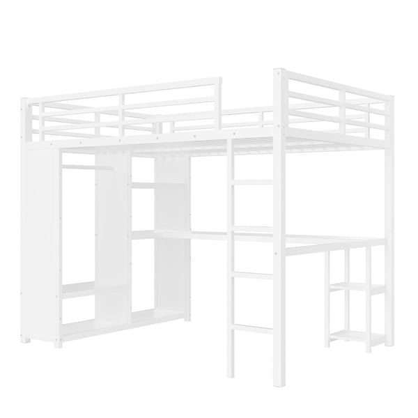 English Elm Queen Size Loft Bed Frame With Wardrobe, Desk & Storage Shelves - Modern Metal Design In White W1580S00123-GIGA