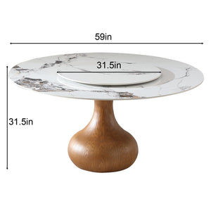 English Elm Modern Marble Dining Table with 59" Sintered Stone Top, 360° Lazy Susan, Durable Stain-Resistant Finish Walnut,White W2699S00006
