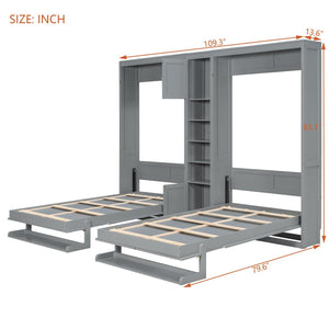 English Elm Dual Twin Wall Murphy Beds with Storage Tower Shelves for Kids or Guest Rooms Gray N820S00058E-1