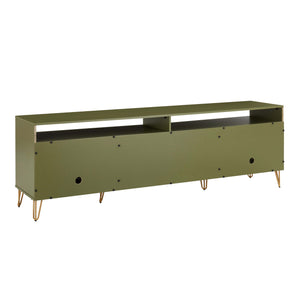 English Elm Dumbo 85" Fluted TV Stand with Gold Legs, 2 Drawers & 6 Shelves, Wire Management, Easy Snap Assembly Olive Green B365P397927