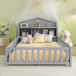 English Elm Full-size Montessori Floor Bed with Built-In Bookcase and Chalkboard, Space-Saving Solid Wood Platform for Kids Grey 56.3 L x 17.32 W x 5.31 H W1716S00013