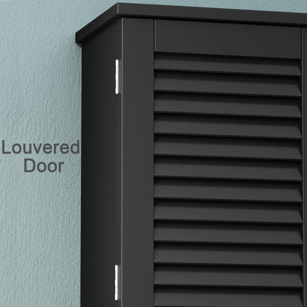 English Elm Wall-Mounted Bathroom Cabinet with Louvered Doors, Adjustable Shelves, Open Shelf & Towel Rod for Organized, Ventilated Storage Black T3771P368996