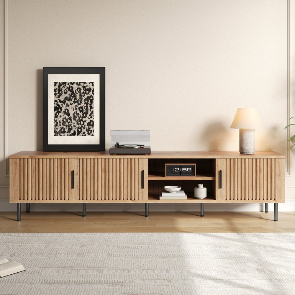 English Elm 78 Inch Low Profile Media Console with Pine Legs Soft Close Doors for Living Room N710P429513P