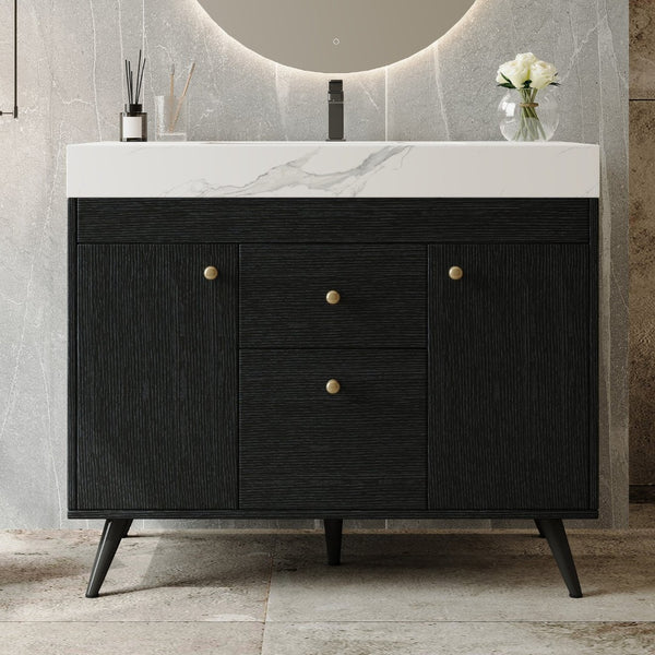 English Elm 36" Freestanding Bathroom Vanity Sintered Stone Top Ceramic Sink Stainless Steel Legs Black,Gold,White W3136S00072