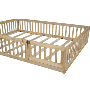 English Elm Wood House Platform Bed Full Size with Guardrail & Playful Frame, Sturdy Pine, Kid-Safe Design Natural N709P171852M