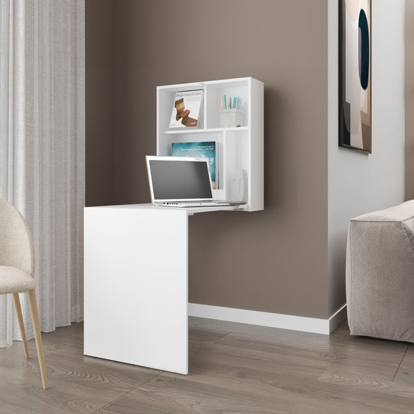 English Elm Aguila Space-Saving Wall-Mounted Drop-Leaf Table in White — Foldable Desk for Small Rooms & Home Office B128P263713