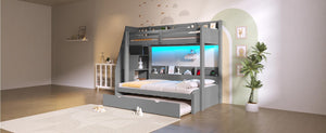 English Elm Twin Over Full Bunk Bed with Stair Drawers Shelves Led Lighting and Usb Port Grey N7090005013E