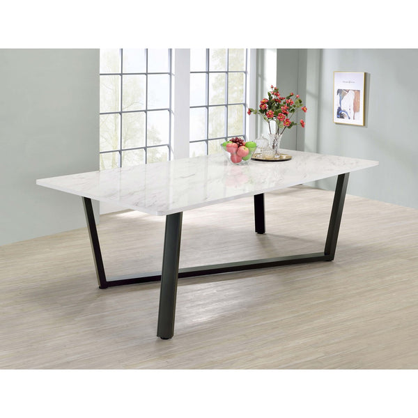 English Elm Vesper Rectangular Faux White Marble Dining Table with Gunmetal Angled Legs — Sleek Modern Anchor for Entertaining Spaces B062S01013