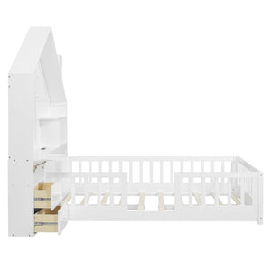 English Elm Full Size House Bed White Wood Frame with Drawers Shelves and Built in Usb Charging LT000423AAK-2