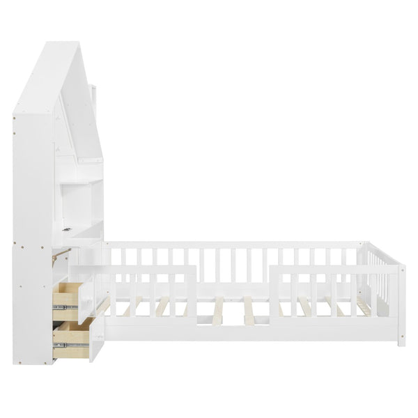 English Elm Full Size House Bed White Wood Frame with Drawers Shelves and Built in Usb Charging LT000423AAK-2