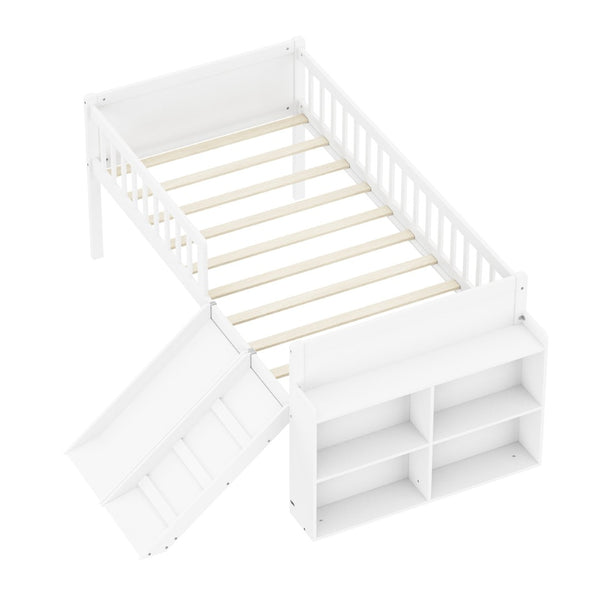 English Elm Twin Platform Kids Bed with Slide Ladder Guardrails Storage Shelf Wood Frame White N733S415411K