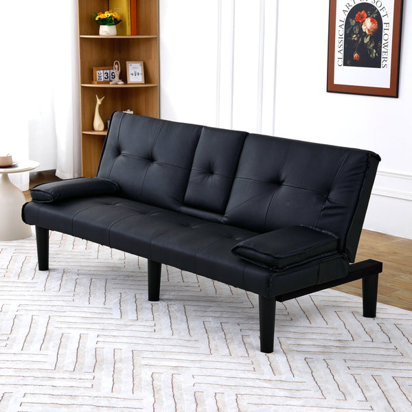 English Elm The 67-inch PVC multi-functional sofa bed with one-click fold, cup holders, sturdy wood frame for apartments Black W3371P318136