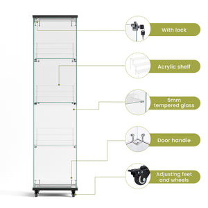 English Elm 4 Tier Glass Display Cabinet - Lockable Floor Standing Storage With Acrylic Shelves & Wheels For Versatility W1668P241902