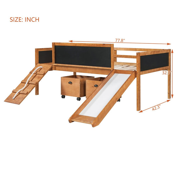 English Elm Twin Kids Loft Bed Solid Pine Frame with Slide Chalkboard and Climbing Rope Play Zone Natural N708P340493D