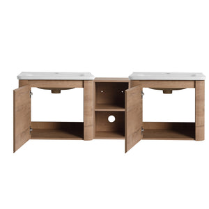 English Elm 60'' Wall-Mounted Vanity with White Ceramic Sink, Plywood Shelves, Soft-Close Door, Scratch & Water-Resistant Finish W999S00381