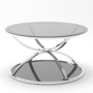 English Elm 31.50'' Round Chrome Ring Glass Coffee Table Two Tier Smoked Tempered Top Modern Living Room W757P412804