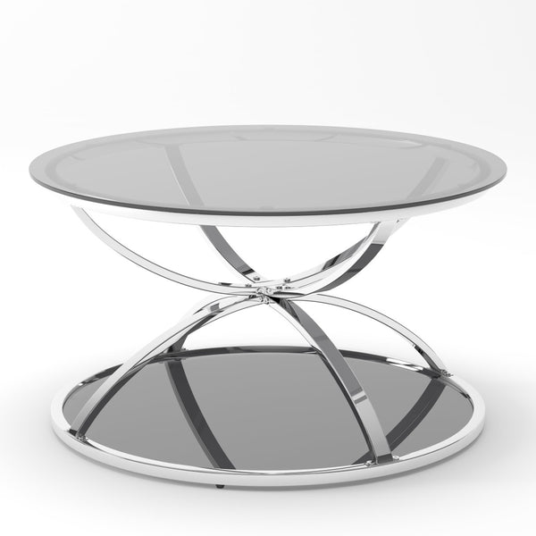 English Elm 31.50'' Round Chrome Ring Glass Coffee Table Two Tier Smoked Tempered Top Modern Living Room W757P412804