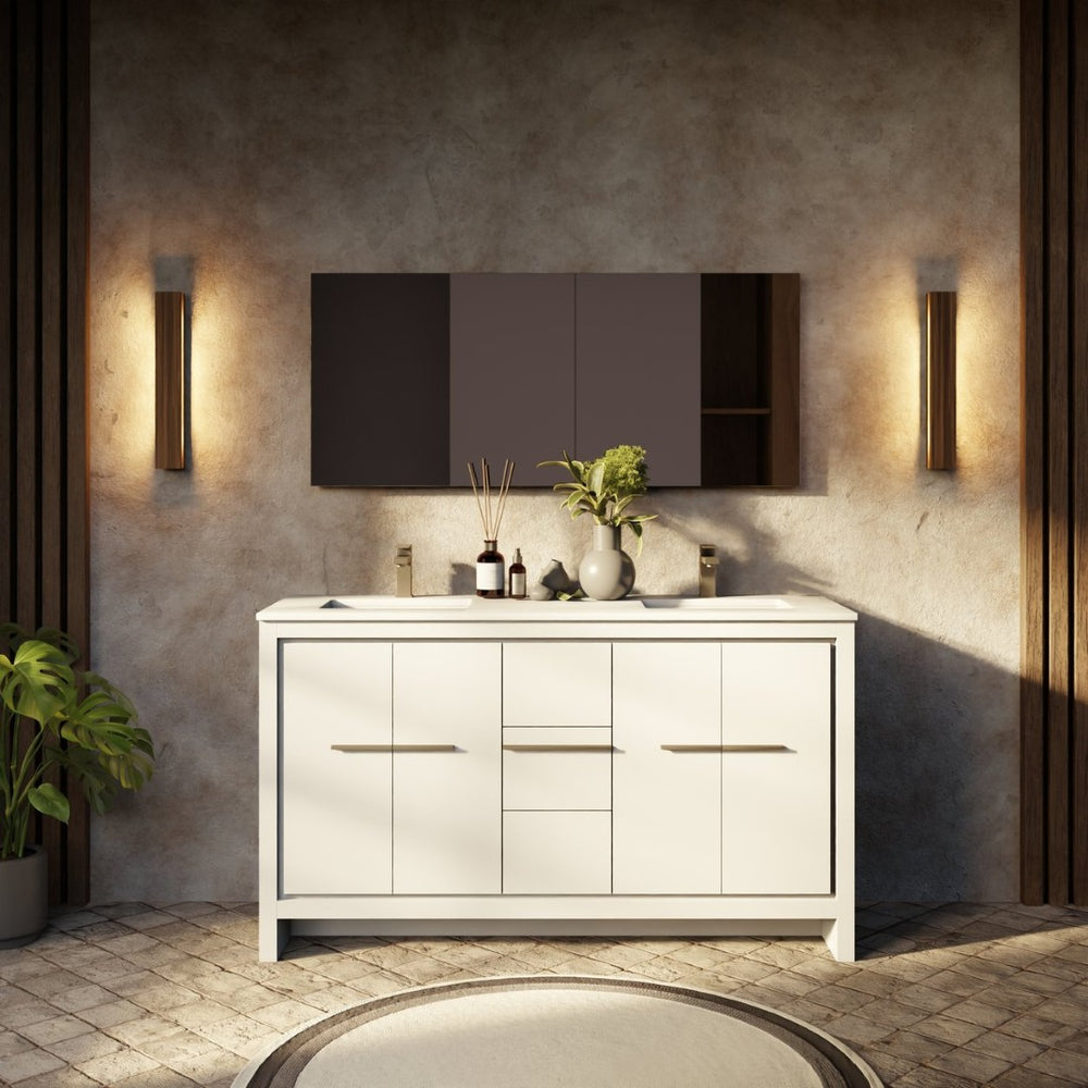 English Elm White Double Bath Vanity With Cultured Marble Top, Gun Metal Faucet & 55" Mirror - Elegant Storage Solution B2731S01739-GIGA