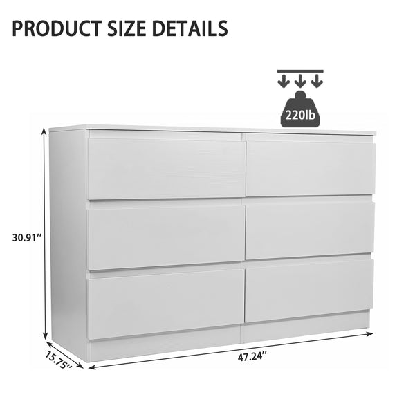 English Elm 6 Drawer Modern Dresser with Concealed Handles, Spacious Top, Durable Wood Storage Cabinet for Bedroom White W3204P318437