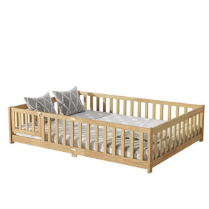 English Elm Full Size Rubber Wood Floor Bed with Surrounding Fence Door and Safety Guardrails W504P370522